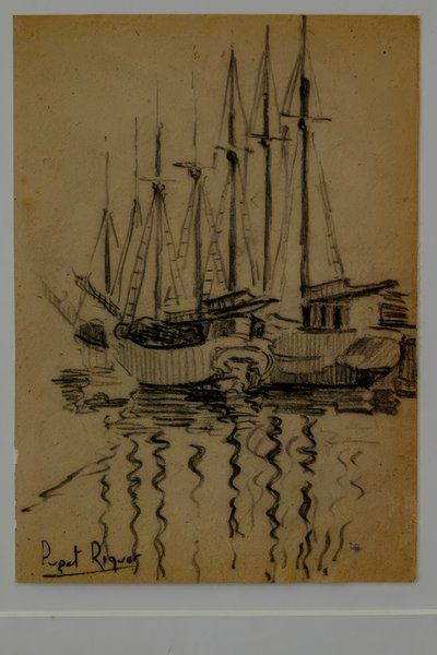 segelbåtar, Narcís Puget Riquer, kolteckning, Puget museum, Can LLaudis adliga hus, Dalt Vila, Ibiza, balearerna, Spanien av Puget Riquer