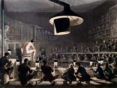 Teckning från Life at the Royal Academy, Somerset House, London, från Microcosm of London av R. Ackermann, 1810 (färgad akvatint) av Pugin and Rowlandson
