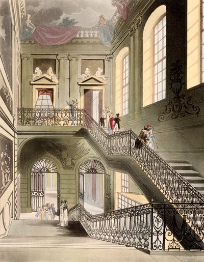Hall och trappa på British Museum, från "Microcosm of London" publicerad av R. Ackermann 1808 av Pugin and Rowlandson