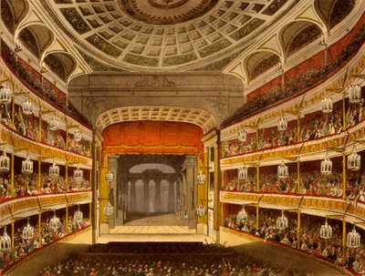 New Covent Garden Theatre, från Microcosm of London, 1810 av R Ackermann (handfärgad akvatint) av Pugin and Rowlandson