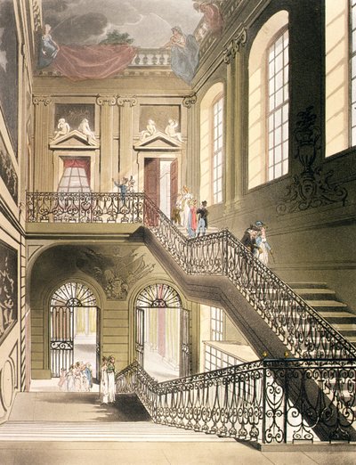 Hallen och trappan från British Museum från Ackermanns "Microcosm of London" av Pugin and Rowlandson