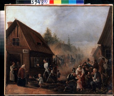 Scen för det ryska franska kriget 1812 (Scen av det ryska franska kriget 1812). Målning av Pjotr ​​Iljitsj Baykov (1817-?). Olja på duk, 45,3 x 55,5 cm av Pyotr Baykov