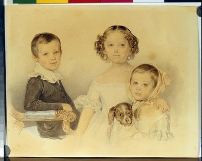 Porträtt av Lanskoy-barnen. Verk av Pyotr (Piotr) Fyodorovich Sokolov (Pierre Sokolov) (1791-1848), akvarell på kartong av Pyotr Fyodorovich Sokolov
