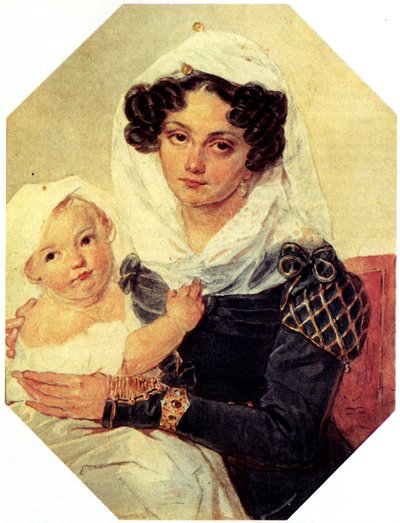 Porträtt av grevinnan Maria N. Volkonskaya 1805-1863 med sonen Nikolay, 1826 av Pyotr Fyodorovich Sokolov