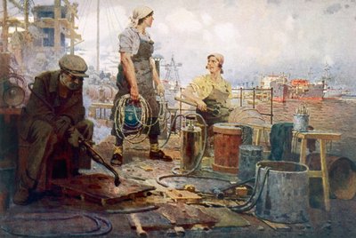 Det röda Sormovo-varvet, ca 1920 (färglitografi) av Pyotr Ivanovich Kotov