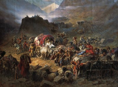 Bergsklättrarna lämnar aul innan den ryska armén närmar sig 1872 av Pyotr Nikolayevich Grusinsky