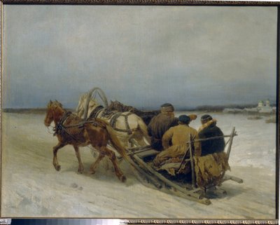 Trojka på vintern. (Traditionell rysk hitch, dragen av tre hästar). Målning av Pyotr (Piotr) Petrovich Sokolov (1821-1899), olja på duk av Pyotr Petrovich Sokolov