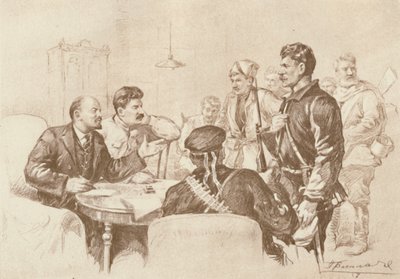 Lenin och Stalin talar till röda gardister i Smolnyj, 1917, 1939. av Pyotr Vasilyev