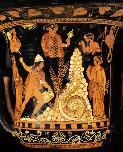 Krater med röda figurer: Kung Cadmos, med en amfora i ena handen, kastar stenar mot draken ... av Python Python