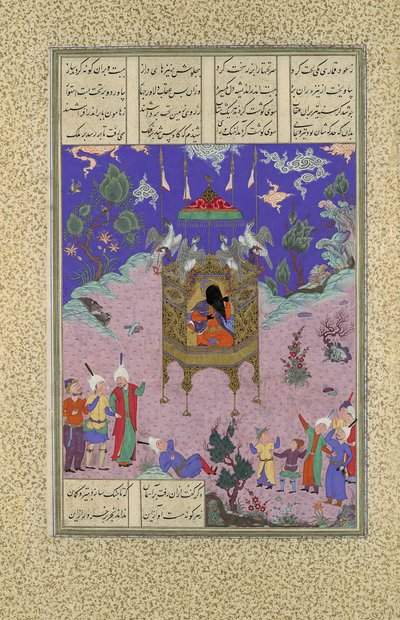Kai Kavus Ascends to the Sky, Folio 134r från Shahnama Book of Kings..., ca. 1525-30. av Qadimi