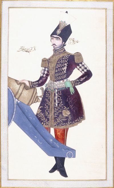 Porträtt av Nasir al-Din Shah, hand som vilar på en kanon, ca. 1853-4 av Qajar School