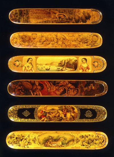 Sex qalamdans i polykrom lack av papier mache, 1800-tal av Qajar School