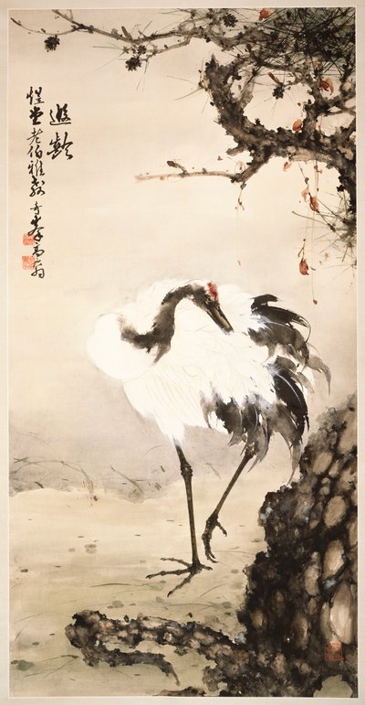 Trana under en tall (hängande rulla, bläck och färg på papper) av Qifeng Gao