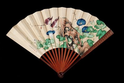 Fläkt dekorerad med små fåglar och morgonhärligheter (bläck & färg på papper) av Qing Dynasty Chinese School