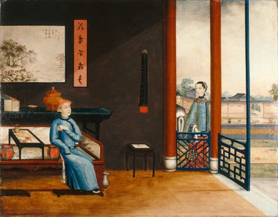 Gentleman som läser på en säng, ca 1800 (olja på duk) av Qing Dynasty Chinese School