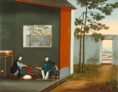 Två kvinnor som snurrar, ca 1800 (olja på duk) av Qing Dynasty Chinese School