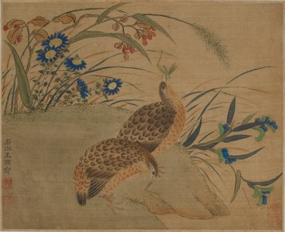 Två vaktel som äter gräshoppor under blommor av Qing Dynasty Chinese School