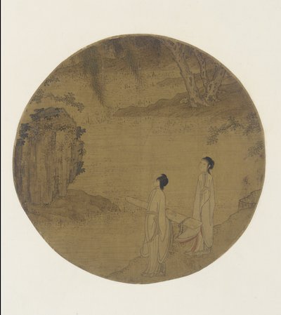 Två kvinnor med en qin (citer) av Qing Dynasty Chinese School