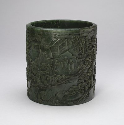 Penselkruka med forskare och skötare i ett bergigt landskap (jade med snidad dekor) av Qing Dynasty Chinese School