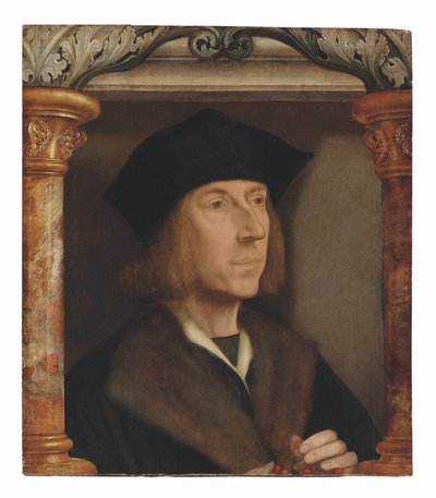 Porträtt av gentleman, bystlängd, i en pälsfodrad kappa, som berättar ett radband, satt i en arkitektonisk ram (olja på panel) av Quentin Massys or Metsys