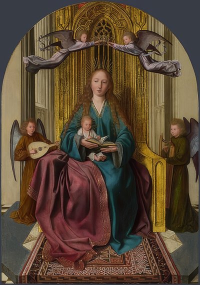 Madonna tronade med barn och fyra änglar. Omkring 1506-09 av Quinten Massys