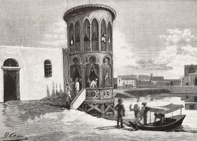 Ett moriskt litet torn som är värd för de italienska officerarnas klubb, Massawa, Eritrea, gravyr från en teckning av Quinto Cenni och en skiss av Pieragostini, från L
