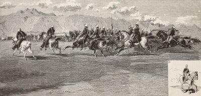 Kavalleriövningar den 17 september, med lanser till höger, Pordenone, Italien, gravyr av Cantagalli från teckning av Quinto Cenni, från L