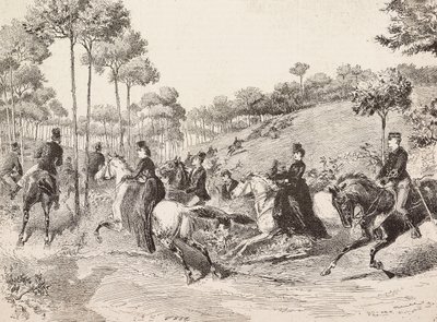 Jaktresa av den milanesiska jakten, Italien, gravyr från teckning av Quinto Cenni, från L