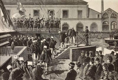 Italienska soldater går ombord på skeppet Washington, Neapel, Italien, tredje italienska expeditionen i Röda havet, gravyr från teckning av Quinto Cenni och skiss av M Del Don, från L