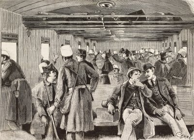 Italienska soldater på tåg på väg till Neapel, Italien, andra italienska expeditionen i Röda havet, gravyr från teckning av Quinto Cenni och skiss av M Dal Don, från L