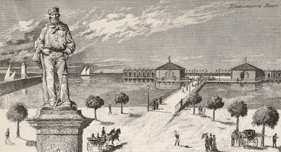 Monument till minne av Giuseppe Garibaldi (1807-1882), italiensk politiker och patriot, och badanläggning i bakgrunden, Cesenatico, Italien av Quinto Cenni