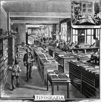 Treves bröders kontor, typografi och överlagring, Milano, Italien, illustration av Quinto Cenni (1845-1917) från L