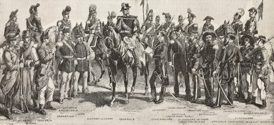 Piemontesiska armén 1859: infanterister, artillerister, ingenjörer, grenadjärer, officerare, generaler, spjutmän, kavallerister, gevärsskyttar, gravyr efter ritning av Quinto Cenni, från L