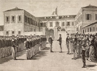 Prins Vittorio Emanuele (1870-1946), greve av Turin, ger examina till kadetter vid militärakademin i Milano, Italien, 14 mars av Quinto Cenni
