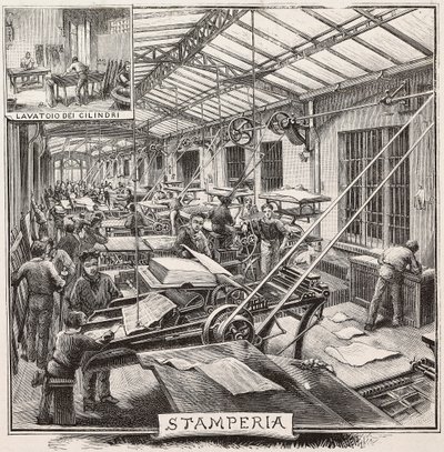 Tryckeri i Fratelli Treves förlag, Milano, Italien, gravyr från teckning av Quinto Cenni, från L