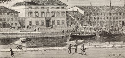 Rådhuset och hamnkanalen, Cesenatico, Italien, gravyr från en teckning av Quinto Cenni och en skiss av Ulisse Topi, från L