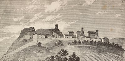 Staden San Giovanni i Galilea, Italien, gravyr från en teckning av Quinto Cenni och en skiss av Ulisse Topi, från L