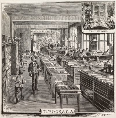 Typografi i Fratelli Treves förlag, Milano, Italien, gravyr från teckning av Quinto Cenni, från L