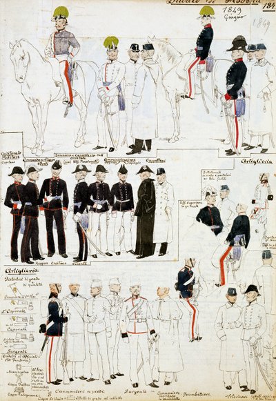 Uniformer of Duchy of Modena 1849, tallrik från Cenni Codex samling av militärskisser i akvarell av Quinto Cenni