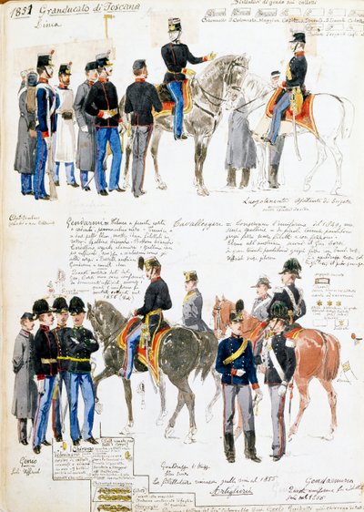 Uniformer av storhertigdömet Toscana 1851, plåt hämtad från Cenni codex, samling militärskisser tecknade av Quinto Cenni (1845-1917) av Quinto Cenni