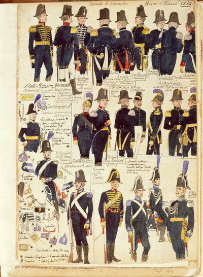 Uniformer av den piemontesiska armén från 1814. Färgskylt av Cenni Quinto av Quinto Cenni