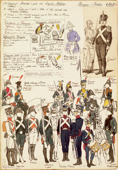 Olika uniformer i Italiens kungadöme från 1805. Färgplatta av Cenni Quinto av Quinto Cenni