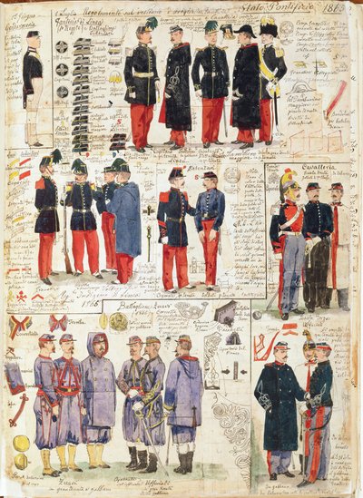 Påvliga staternas olika uniformer från 1865. Färgskylt av Cenni Quinto av Quinto Cenni