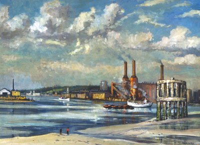 "Lågvatten, Deptford", 1972 av RCD Lowry