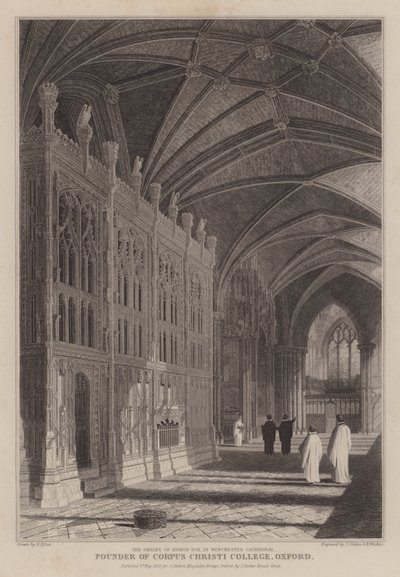 Biskop Foxes helgedom, grundare av Corpus Christi College, Oxford, i Winchester Cathedral (gravyr) av R. (after) Essex