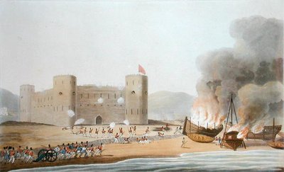 Attacken på Luftfortet, den 27 november 1809, från "Sexton utsikter över platser i Persiska viken, tagna under åren 1809-10, illustrerande av de styrkor som anställdes på expeditionen skickad från Bombay", graverad av I. Clark, publicerad 1 av R. (after) Temple