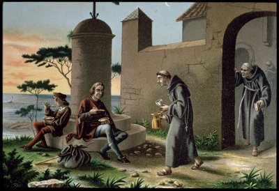 Ankomsten av Christopher Columbus (1451-1506) med sin son till klostret la Rabida, från The Discovery of America, publicerad i Barcelona 1878 (färg litho) av R. Puiggari