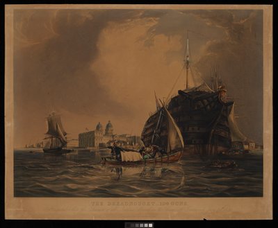 Dreadnought 104 kanoner, sjukhusfartyg för alla nationers sjömän, förtöjd i Themsen utanför Greenwich, 20 juni 1831 av R. W. Price