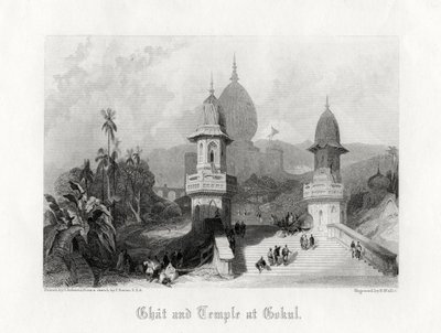 Ghat och templet i Gokul, Indien, c1838. av R. Wallis