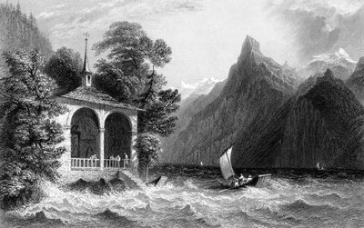 Tells Chapel, Lake Uri, Schweiz, 1836. av R. Wallis